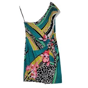 Muse Boston Proper One Shoulder Dress Womens 14 Green Floral Animal Print Tie
